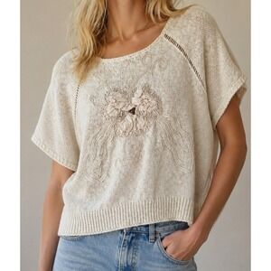 Vintage Ann Wi Womens Linen Cotton Beaded Sweater Top M Embroidered Floral Knit